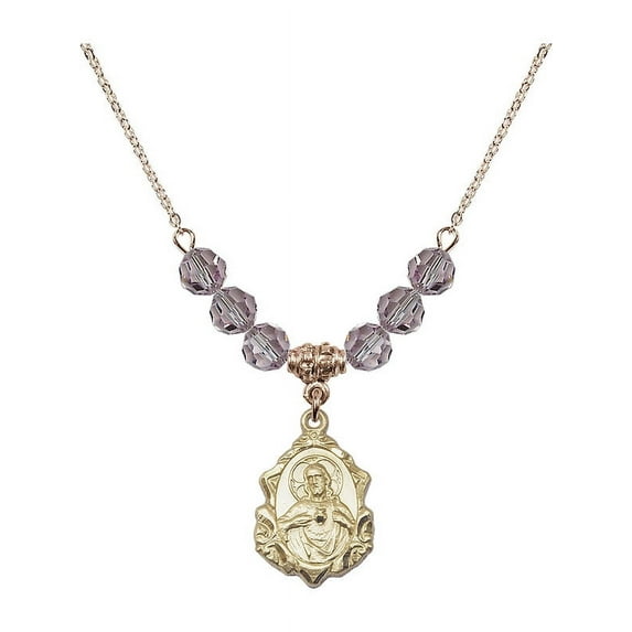 18-Inch Hamilton Gold Plated Necklace with 6mm Light Purple February Birth Month Stone Beads and Scapular Charm