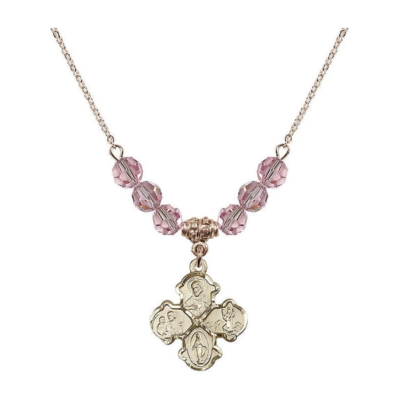 18-Inch Hamilton Gold Plated Necklace with 6mm Light Rose Pink October Birth Month Stone Beads and 4-Way Charm