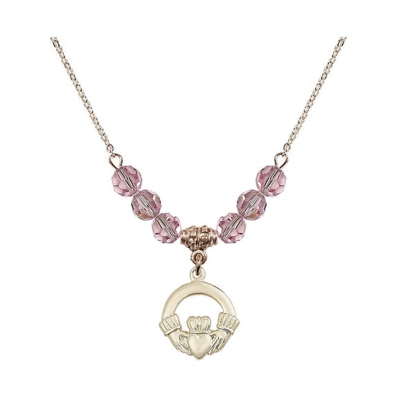 18-Inch Hamilton Gold Plated Necklace with 6mm Light Rose Pink October Birth Month Stone Beads and Claddagh Charm