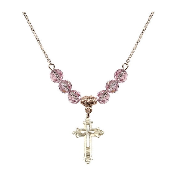 18-Inch Hamilton Gold Plated Necklace with 6mm Light Rose Pink October Birth Month Stone Beads and Cross on Cross Charm