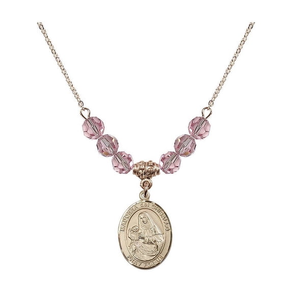 18-Inch Hamilton Gold Plated Necklace with 6mm Light Rose Pink October Birth Month Stone Beads and Madonna del Ghisallo Charm