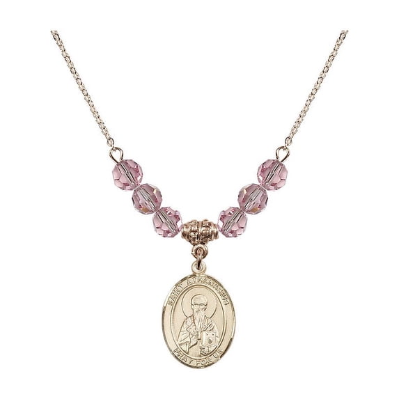 18-Inch Hamilton Gold Plated Necklace with 6mm Light Rose Pink October Birth Month Stone Beads and Saint Athanasius Charm
