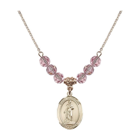 18-Inch Hamilton Gold Plated Necklace with 6mm Light Rose Pink October Birth Month Stone Beads and Saint Barbara Charm