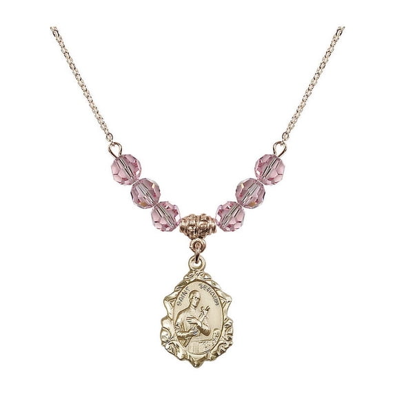 18-Inch Hamilton Gold Plated Necklace with 6mm Light Rose Pink October Birth Month Stone Beads and Saint Gerard Charm