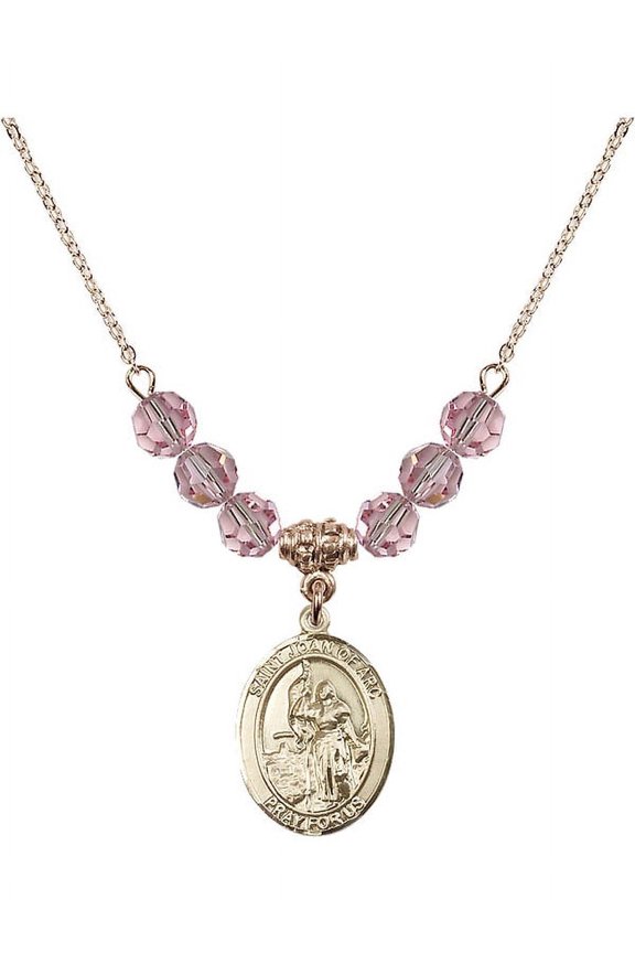 18-Inch Hamilton Gold Plated Necklace with 6mm Light Rose Pink October Birth Month Stone Beads and Saint Joan of Arc Charm