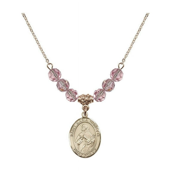 18-Inch Hamilton Gold Plated Necklace with 6mm Light Rose Pink October Birth Month Stone Beads and Saint Maria Goretti Charm