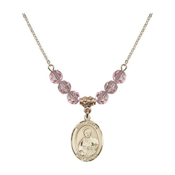 18-Inch Hamilton Gold Plated Necklace with 6mm Light Rose Pink October Birth Month Stone Beads and Saint Pius X Charm