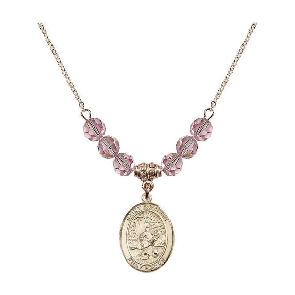 18-Inch Hamilton Gold Plated Necklace with 6mm Light Rose Pink October Birth Month Stone Beads and Saint Rosalia Charm