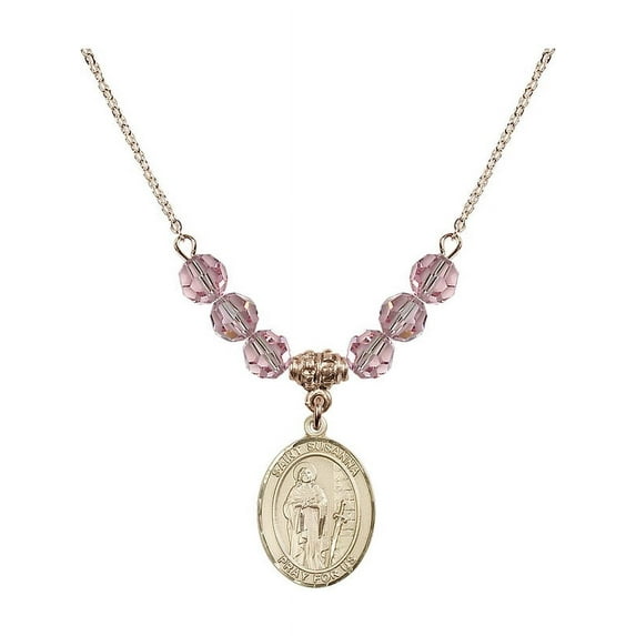 18-Inch Hamilton Gold Plated Necklace with 6mm Light Rose Pink October Birth Month Stone Beads and Saint Susanna Charm