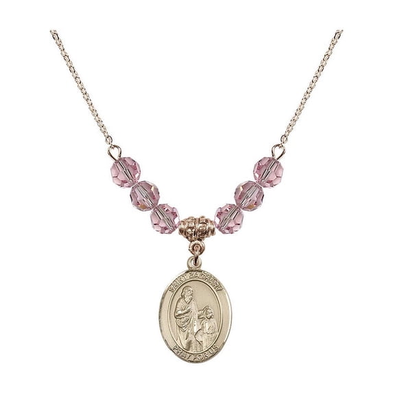 18-Inch Hamilton Gold Plated Necklace with 6mm Light Rose Pink October Birth Month Stone Beads and Saint Zachary Charm