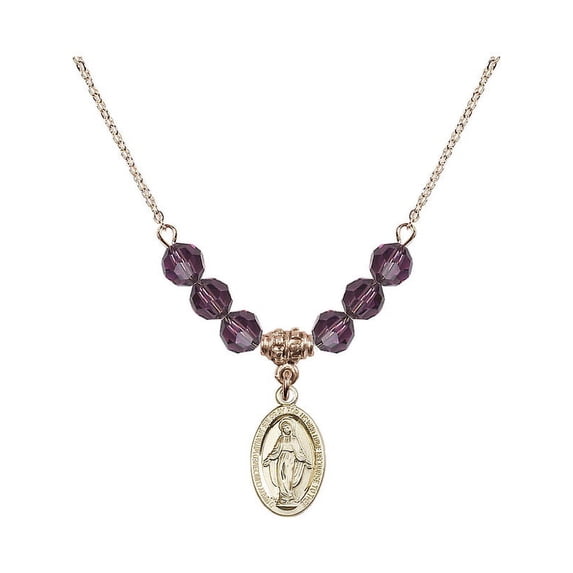 18-Inch Hamilton Gold Plated Necklace with 6mm Purple February Birth Month Stone Beads and Miraculous Charm