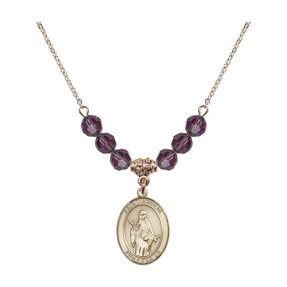 18-Inch Hamilton Gold Plated Necklace with 6mm Purple February Birth Month Stone Beads and Saint Amelia Charm