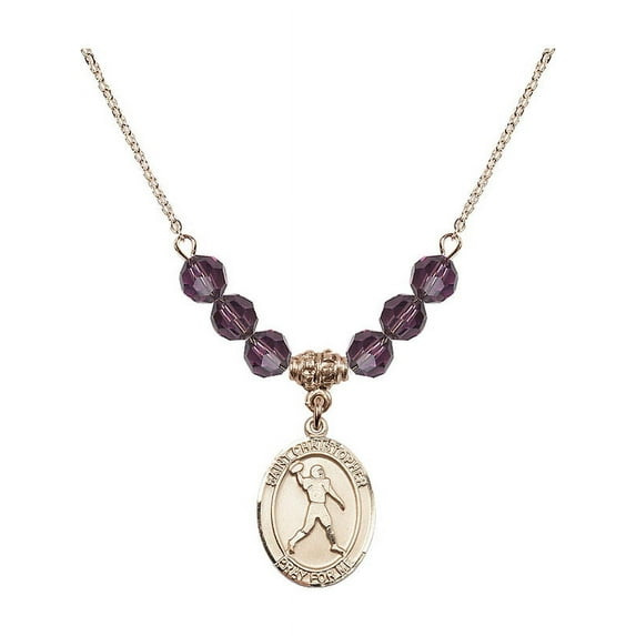 18-Inch Hamilton Gold Plated Necklace with 6mm Purple February Birth Month Stone Beads and Saint Christopher/Football Charm