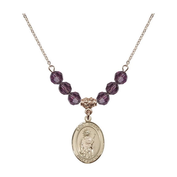 18-Inch Hamilton Gold Plated Necklace with 6mm Purple February Birth Month Stone Beads and Saint Grace Charm