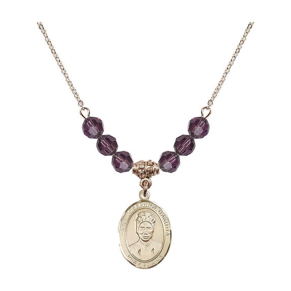 18-Inch Hamilton Gold Plated Necklace with 6mm Purple February Birth Month Stone Beads and Saint Josephine Bakhita Charm