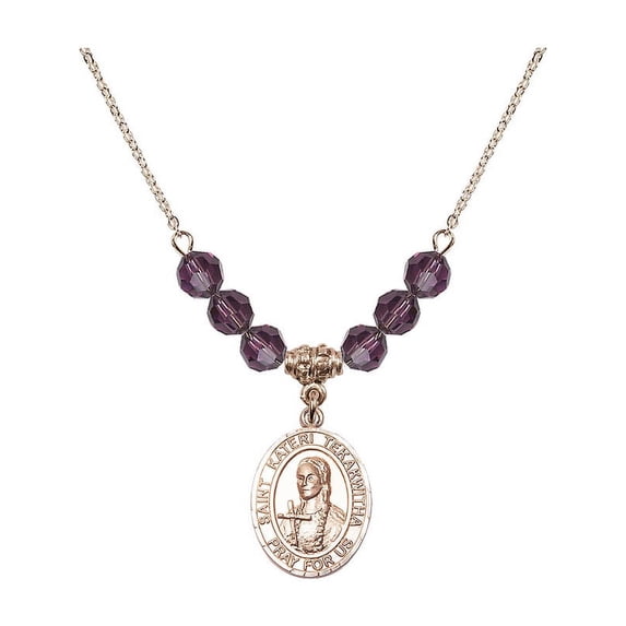 18-Inch Hamilton Gold Plated Necklace with 6mm Purple February Birth Month Stone Beads and Saint Kateri Tekakwitha Charm