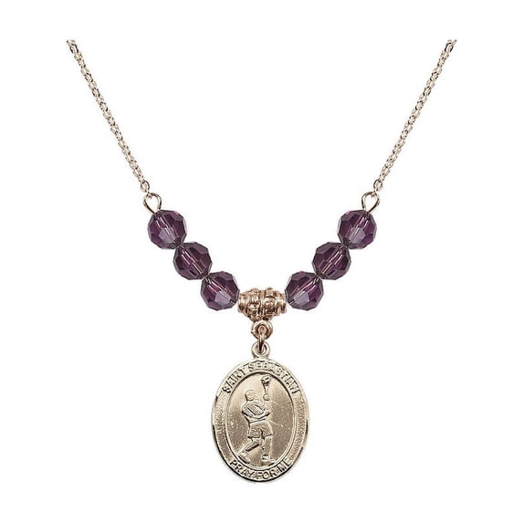 18-Inch Hamilton Gold Plated Necklace with 6mm Purple February Birth Month Stone Beads and Saint Sebastian/Lacrosse Charm