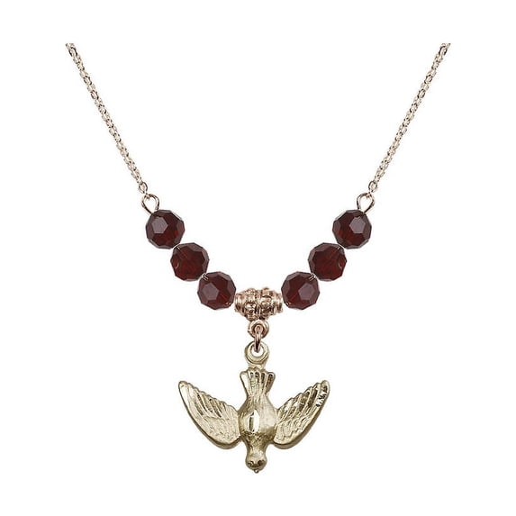 18-Inch Hamilton Gold Plated Necklace with 6mm Red January Birth Month Stone Beads and Holy Spirit Charm