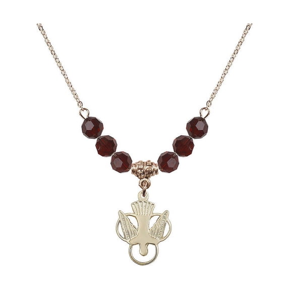 18-Inch Hamilton Gold Plated Necklace with 6mm Red January Birth Month Stone Beads and Holy Spirit Charm