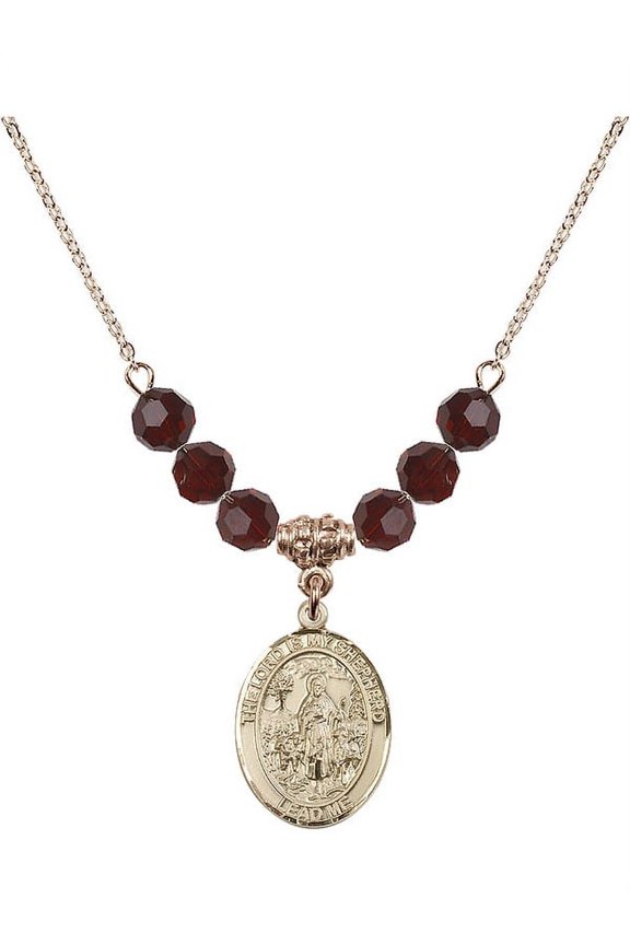 18-Inch Hamilton Gold Plated Necklace with 6mm Red January Birth Month Stone Beads and Lord Is My Shepherd Charm