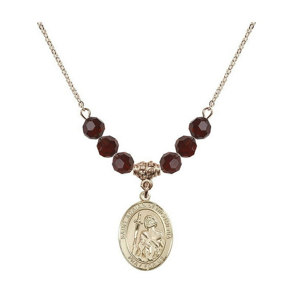 18-Inch Hamilton Gold Plated Necklace with 6mm Red January Birth Month Stone Beads and Saint Adrian of Nicomedia Charm
