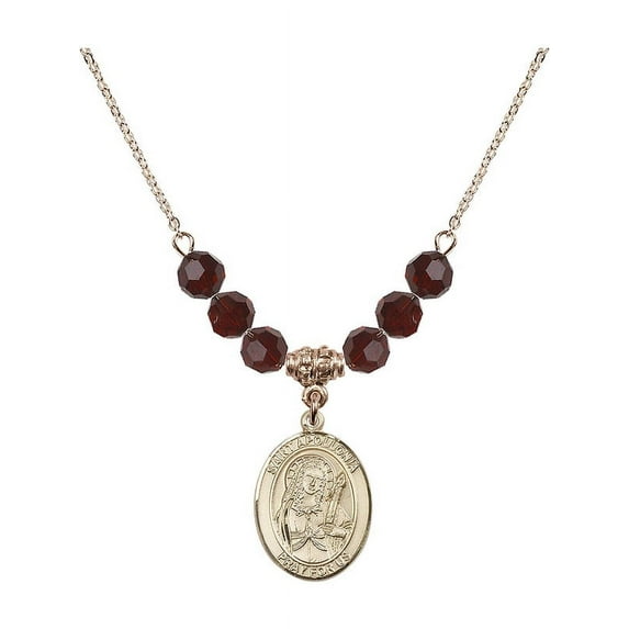 18-Inch Hamilton Gold Plated Necklace with 6mm Red January Birth Month Stone Beads and Saint Apollonia Charm
