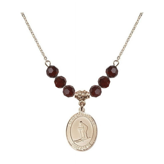 18-Inch Hamilton Gold Plated Necklace with 6mm Red January Birth Month Stone Beads and Saint Christopher / Skiing Charm