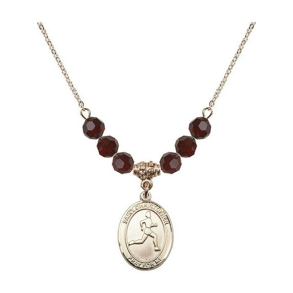 18-Inch Hamilton Gold Plated Necklace with 6mm Red January Birth Month Stone Beads and Saint Christopher/Track & Field Charm