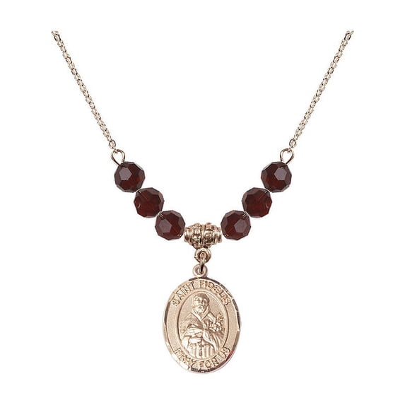 18-Inch Hamilton Gold Plated Necklace with 6mm Red January Birth Month Stone Beads and Saint Fidelis Charm