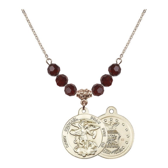 18-Inch Hamilton Gold Plated Necklace with 6mm Red January Birth Month Stone Beads and Saint Michael / Air Force Charm