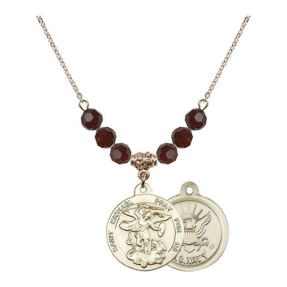 18-Inch Hamilton Gold Plated Necklace with 6mm Red January Birth Month Stone Beads and Saint Michael / Navy Charm