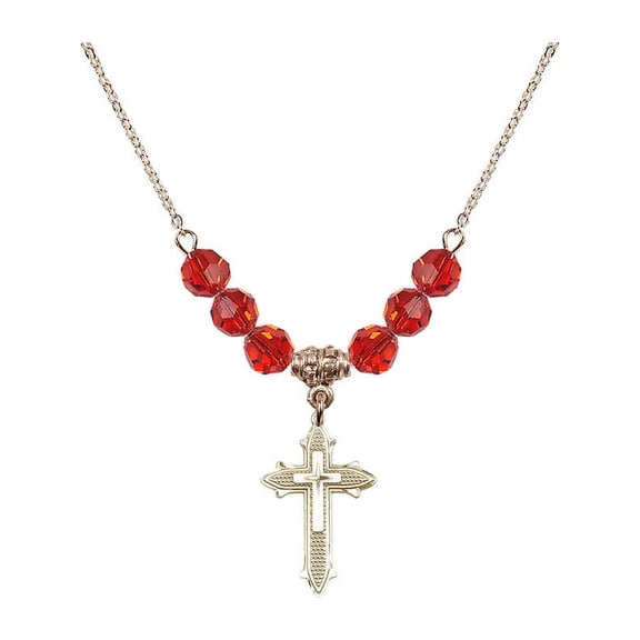18-Inch Hamilton Gold Plated Necklace with 6mm Red July Birth Month Stone Beads and Cross on Cross Charm