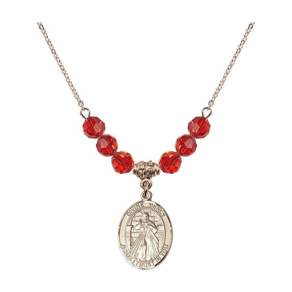 18-Inch Hamilton Gold Plated Necklace with 6mm Red July Birth Month Stone Beads and Divine Mercy Charm
