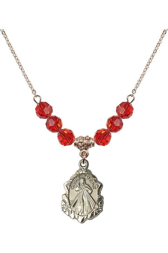18-Inch Hamilton Gold Plated Necklace with 6mm Red July Birth Month Stone Beads and Divine Mercy Charm