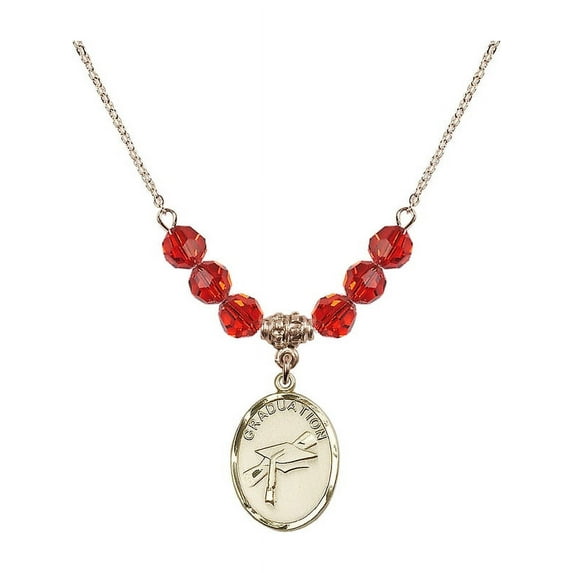 18-Inch Hamilton Gold Plated Necklace with 6mm Red July Birth Month Stone Beads and Graduation Charm