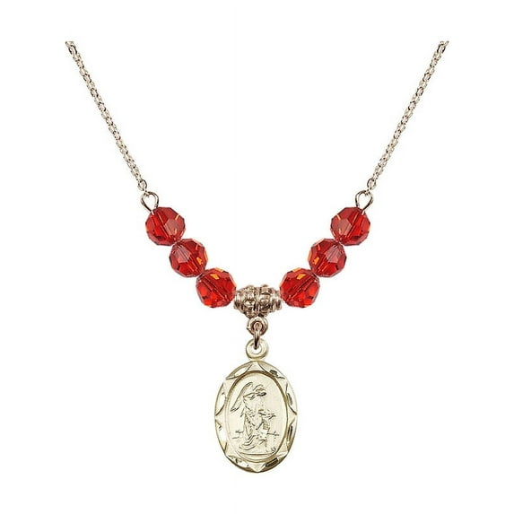 18-Inch Hamilton Gold Plated Necklace with 6mm Red July Birth Month Stone Beads and Guardian Angel Charm