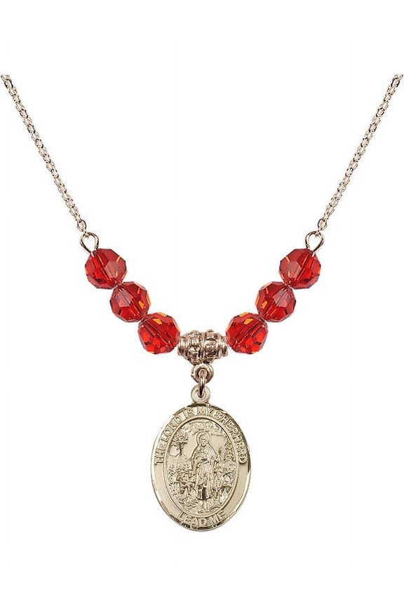 18-Inch Hamilton Gold Plated Necklace with 6mm Red July Birth Month Stone Beads and Lord Is My Shepherd Charm