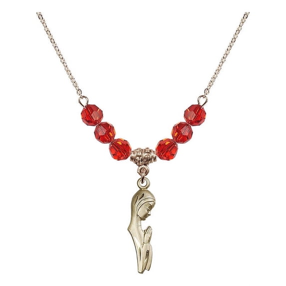 18-Inch Hamilton Gold Plated Necklace with 6mm Red July Birth Month Stone Beads and Madonna Charm