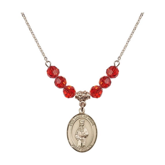 18-Inch Hamilton Gold Plated Necklace with 6mm Red July Birth Month Stone Beads and Our Lady of Hope Charm