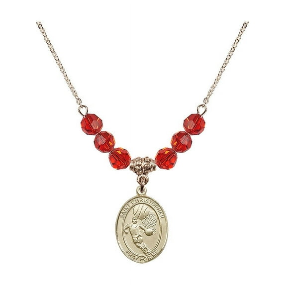 18-Inch Hamilton Gold Plated Necklace with 6mm Red July Birth Month Stone Beads and Saint Christopher/Basketball Charm