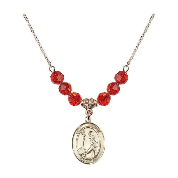 18-Inch Hamilton Gold Plated Necklace with 6mm Red July Birth Month Stone Beads and Saint Dominic de Guzman Charm