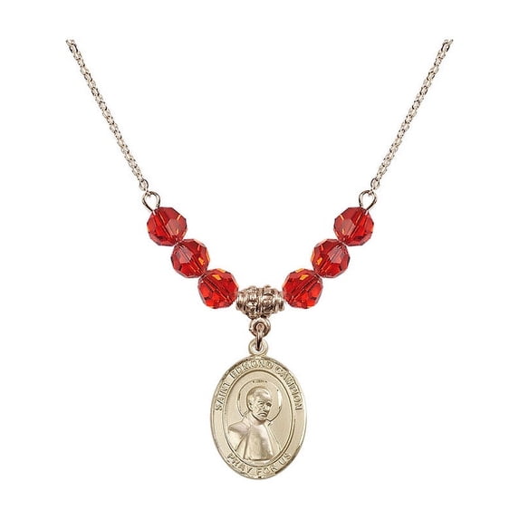 18-Inch Hamilton Gold Plated Necklace with 6mm Red July Birth Month Stone Beads and Saint Edmund Campion Charm