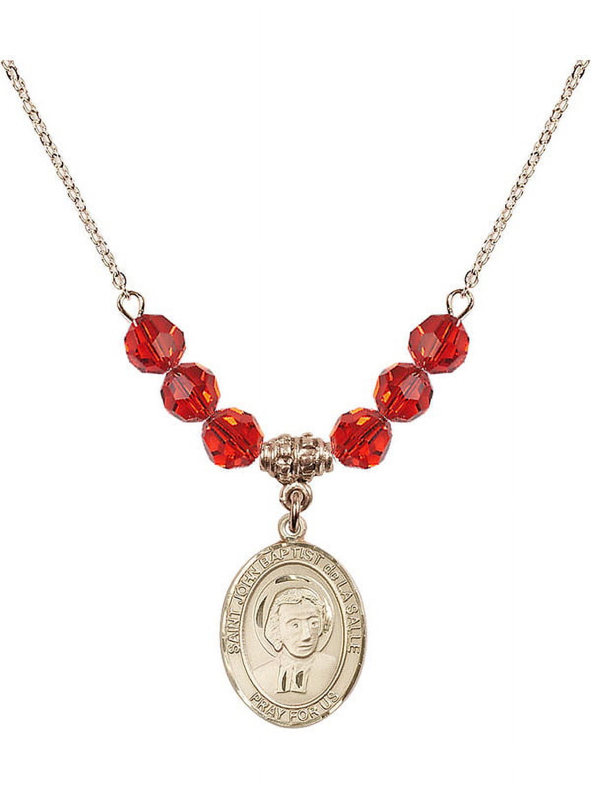 18-Inch Hamilton Gold Plated Necklace with 6mm Red July Birth Month Stone Beads and Saint John Baptist de la Salle Charm