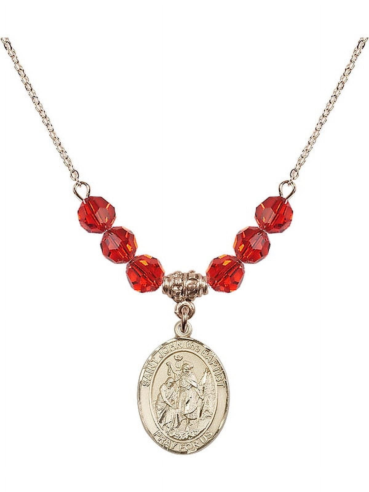 18-Inch Hamilton Gold Plated Necklace with 6mm Red July Birth Month Stone Beads and Saint John the Baptist Charm