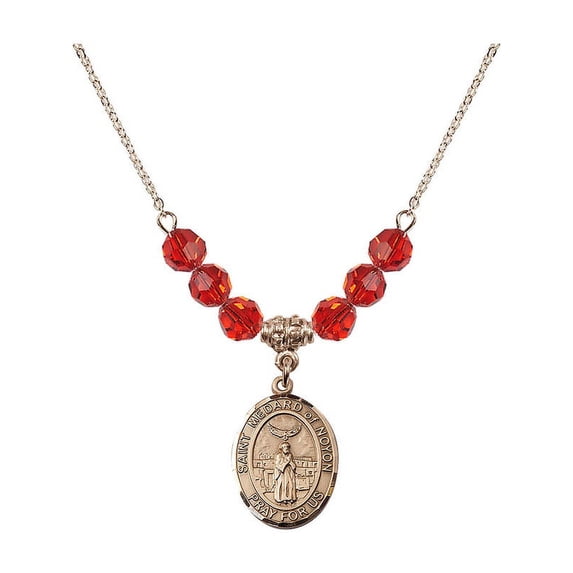 18-Inch Hamilton Gold Plated Necklace with 6mm Red July Birth Month Stone Beads and Saint Medard of Noyon Charm