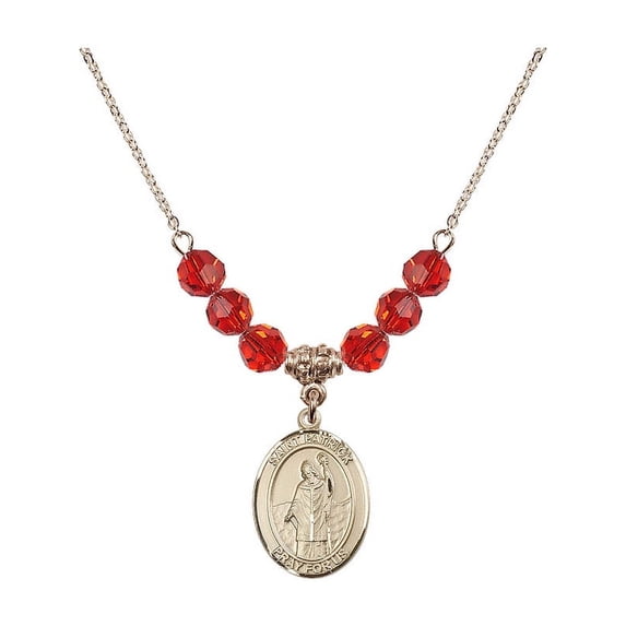 18-Inch Hamilton Gold Plated Necklace with 6mm Red July Birth Month Stone Beads and Saint Patrick Charm