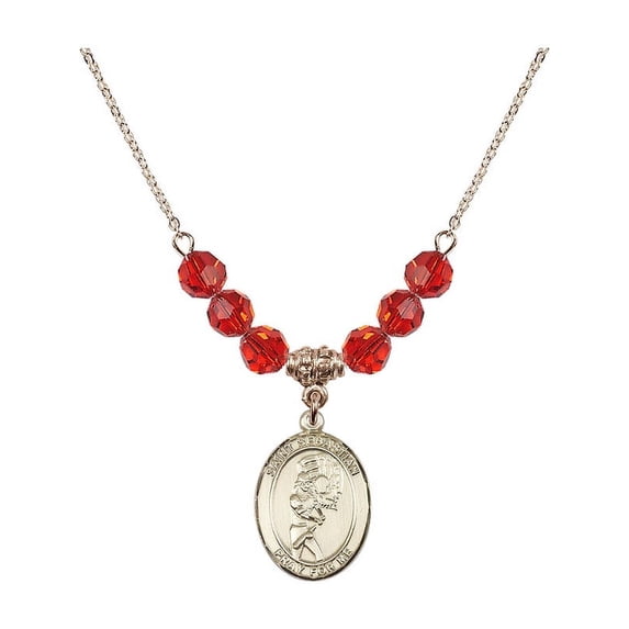 18-Inch Hamilton Gold Plated Necklace with 6mm Red July Birth Month Stone Beads and Saint Sebastian/Softball Charm