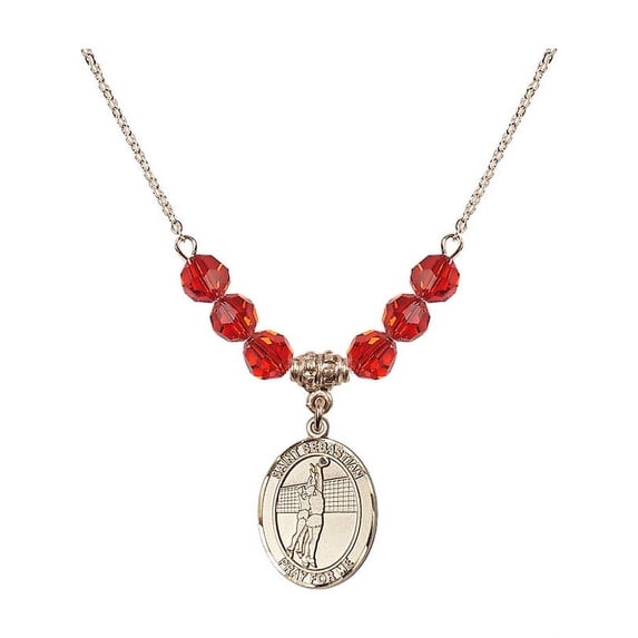 18-Inch Hamilton Gold Plated Necklace with 6mm Red July Birth Month Stone Beads and Saint Sebastian / Volleyball Charm
