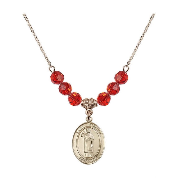 18-Inch Hamilton Gold Plated Necklace with 6mm Red July Birth Month Stone Beads and Saint Stephen the Martyr Charm