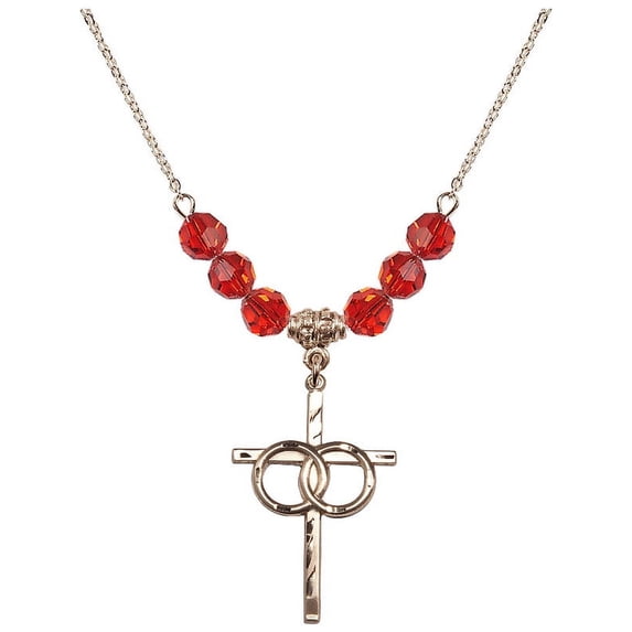18-Inch Hamilton Gold Plated Necklace with 6mm Red July Birth Month Stone Beads and Wedding Rings Cross Charm